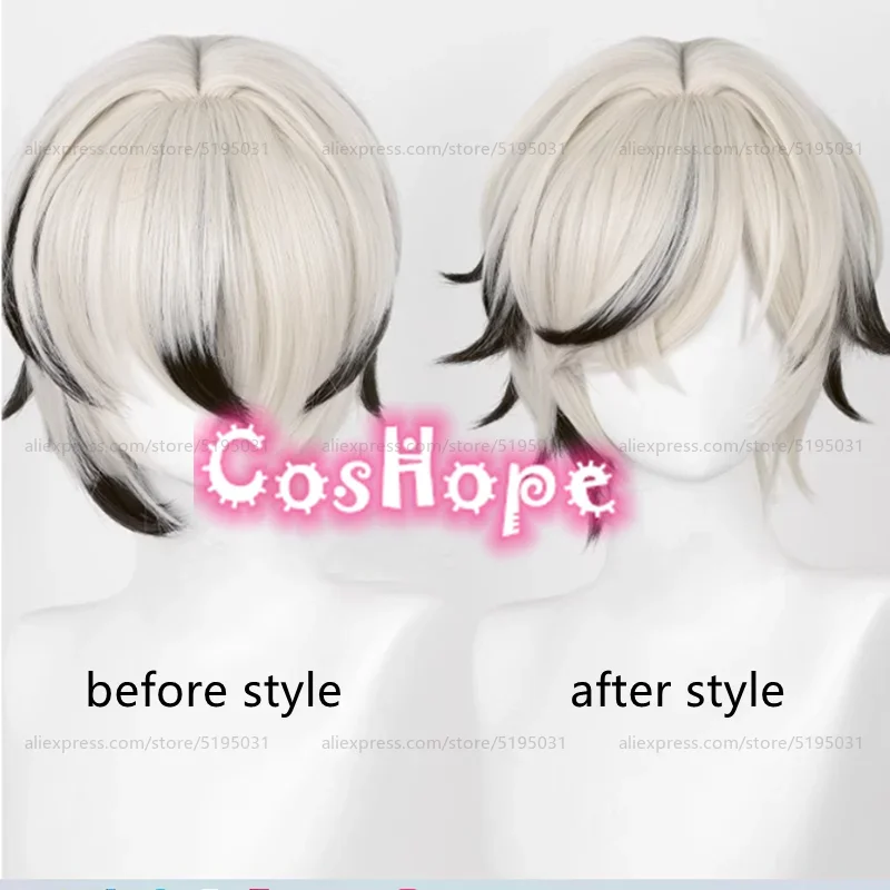 أرلان شعر مستعار تأثيري 35 سنتيمتر شعر مستعار قصير فضي أبيض أسود شعر مستعار أنيمي تأثيري شعر مستعار صناعي مقاوم للحرارة الباروكات
