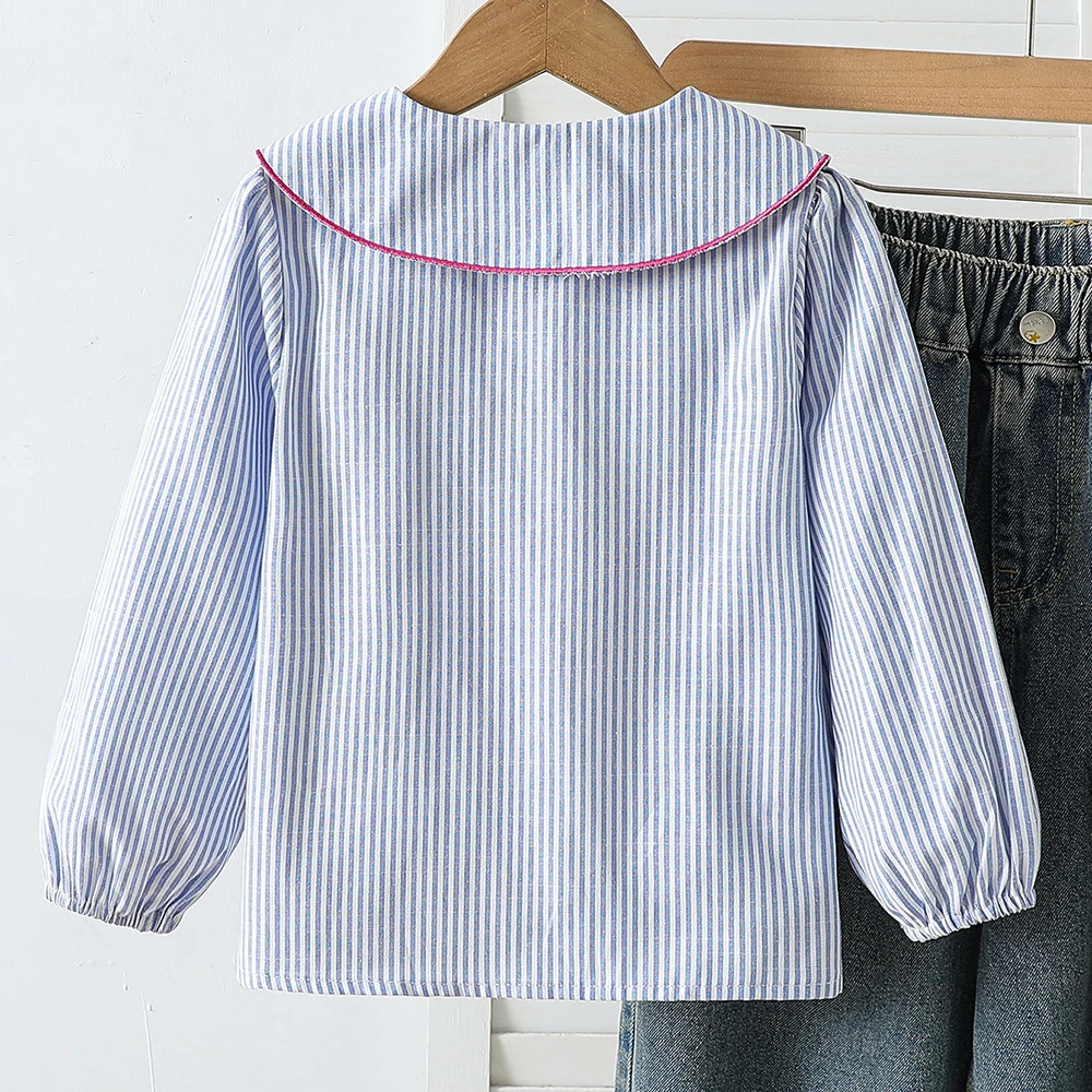 Gestreifte Bluse für Kleinkinder (2-6 Jahre) mit Herz-Stickerei, Peter-Pan-Kragen und Puffärmeln, Kinder-Frühlings-Herbst-Shirt – Detail 3