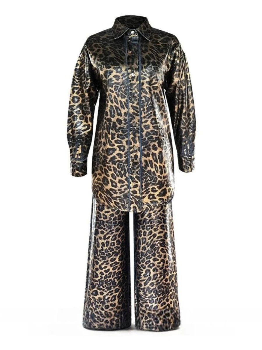 

Casual Loose Long Sleeve Leopard Print Gold Embossed Denim Shirt And Pants Set Slimming Fashionable Autumn Winter Women's Wear