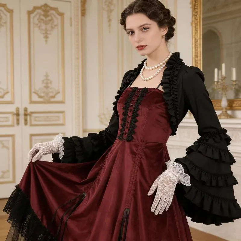 

New Gothic Lolita Slim-Fit Long-Sleeve Top with Ruffled Cape for Halloween Dark Fashion