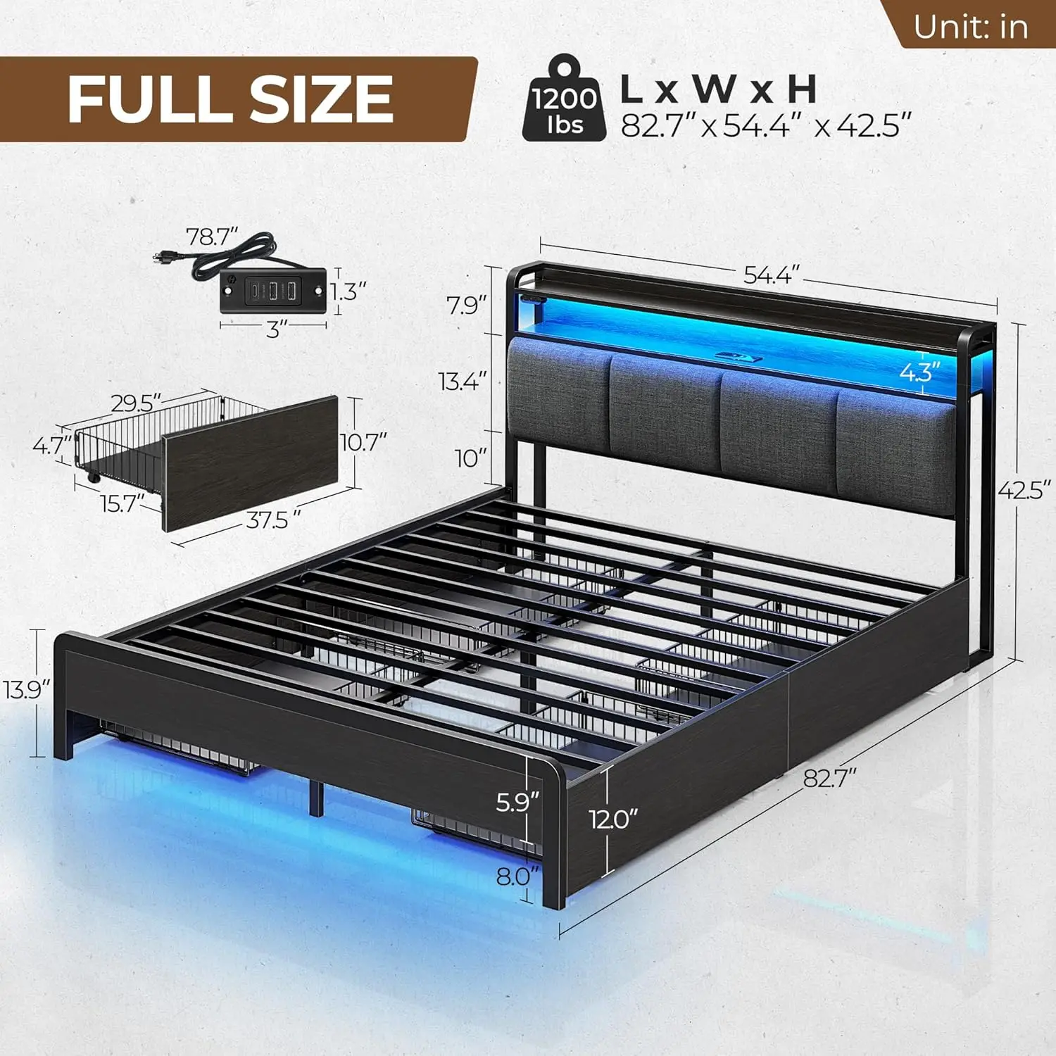 Bed Frame Full Size with Charging Station and LED Lights, Upholstered Storage Headboard with Drawers, Heavy Duty Metal Slats