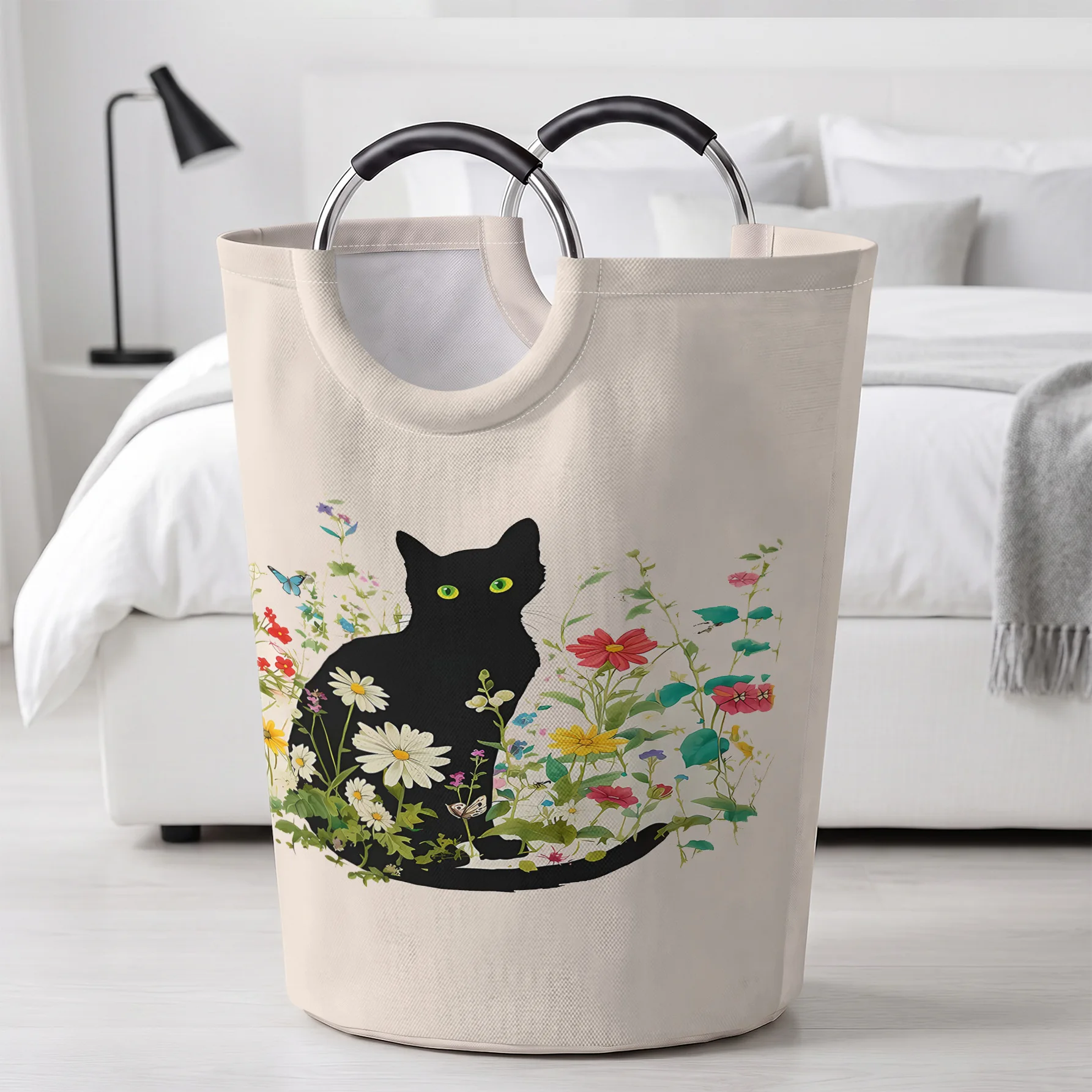 Black Cat in Wildflowers and Butterflies Print Handheld Storage Basket, For Laundry, Bedroom & Home Sundries Storage