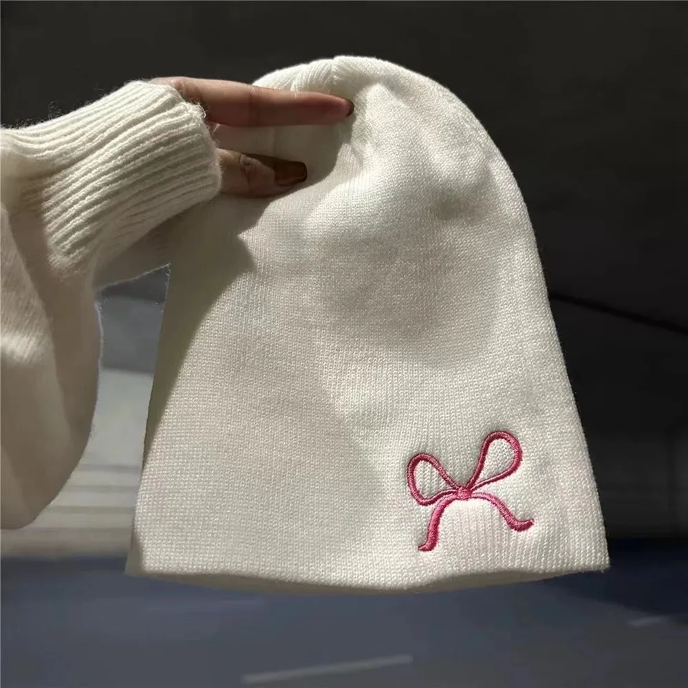 

Cute Warm Embroidery Bow Knitted Hat Wool Bowknot Knit Cap Korean Solid Color Beanies Girls