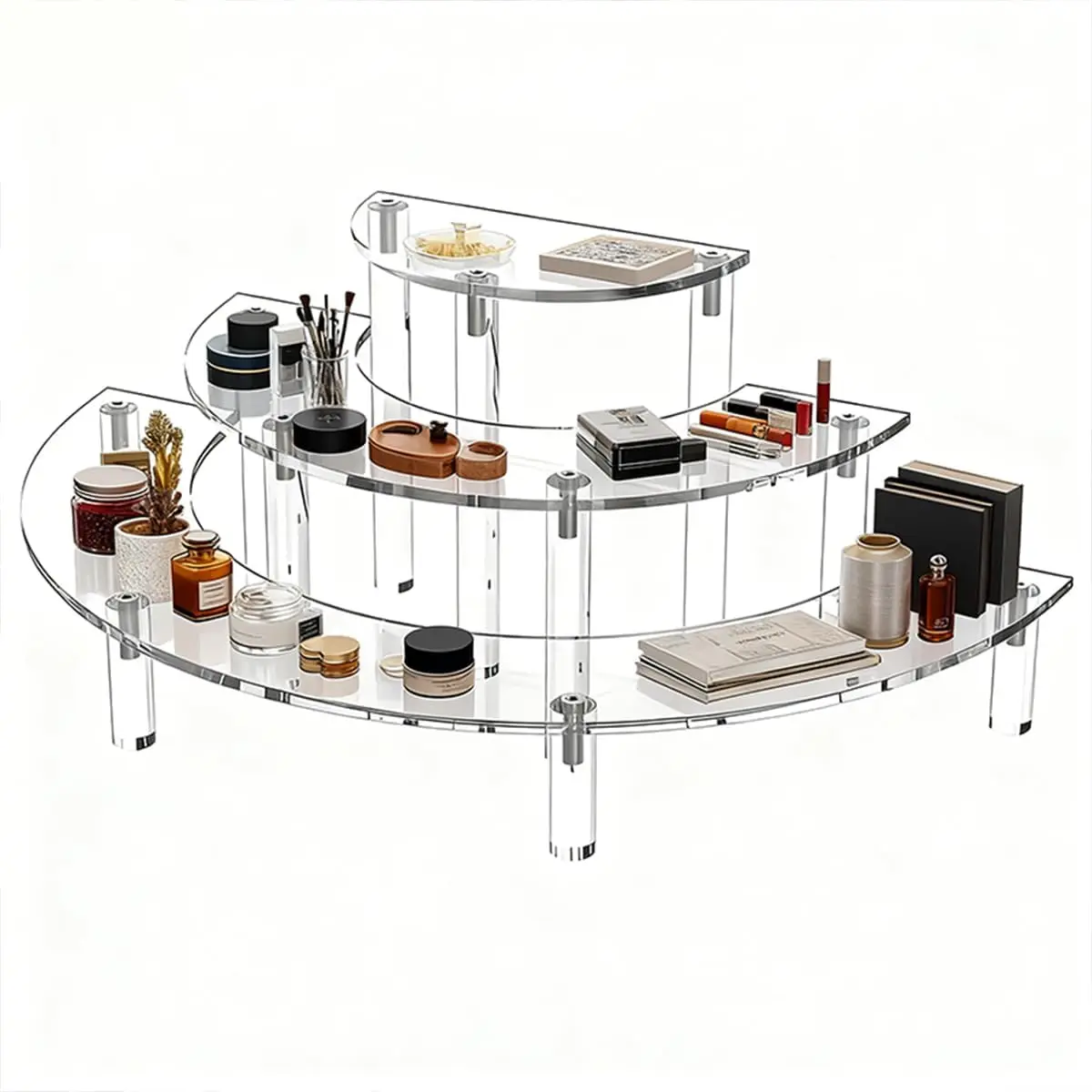 Paquete de 1/2 Soporte de exhibición acrílico de 3 niveles en forma de media luna, transparente, para cupcakes, postres, perfumes, organizador de estantes para colección de alimentos y decoración