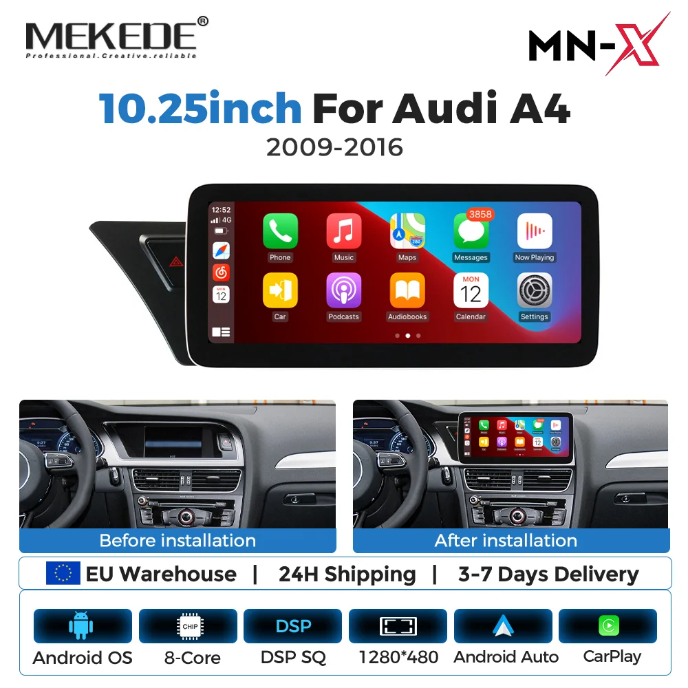 Mekede 10,25-Zoll-Touchscreen-Android-Autoradio mit kabellosem CarPlay und Android Auto, Multimedia für Audi A5 S5 B8 A4 A4L S4 2009-2017, 4G LTE, WLAN, BT, GPS-Navigation, 4K-Videoplayer