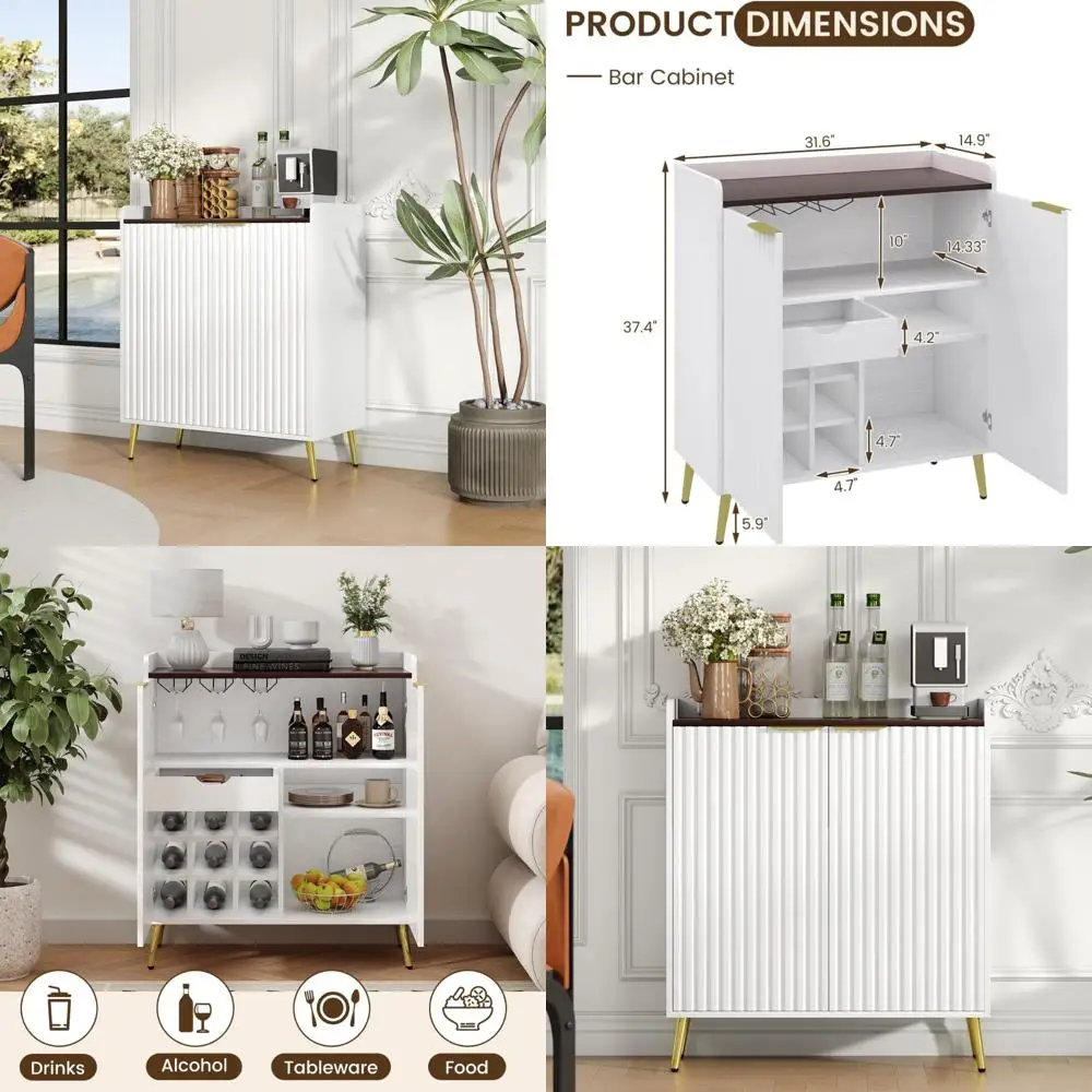 خزانة بار النبيذ على طراز المزرعة مع أبواب مخددة وحوامل زجاجية ورف قابل للإزالة لتخزين القهوة الحديثة #1