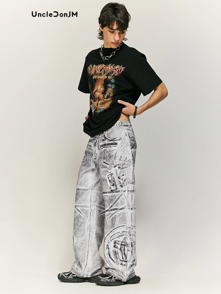 Splicing Brush Color Digital Printing Jeans Loose Wide-leg Trousers Women’s Jeans