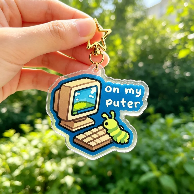 On My Puter Bug Acrylic Keychain Cute Pixel Worm Vintage Computer Pendant Bag Charm Collectible Gift For Gamer Nerds