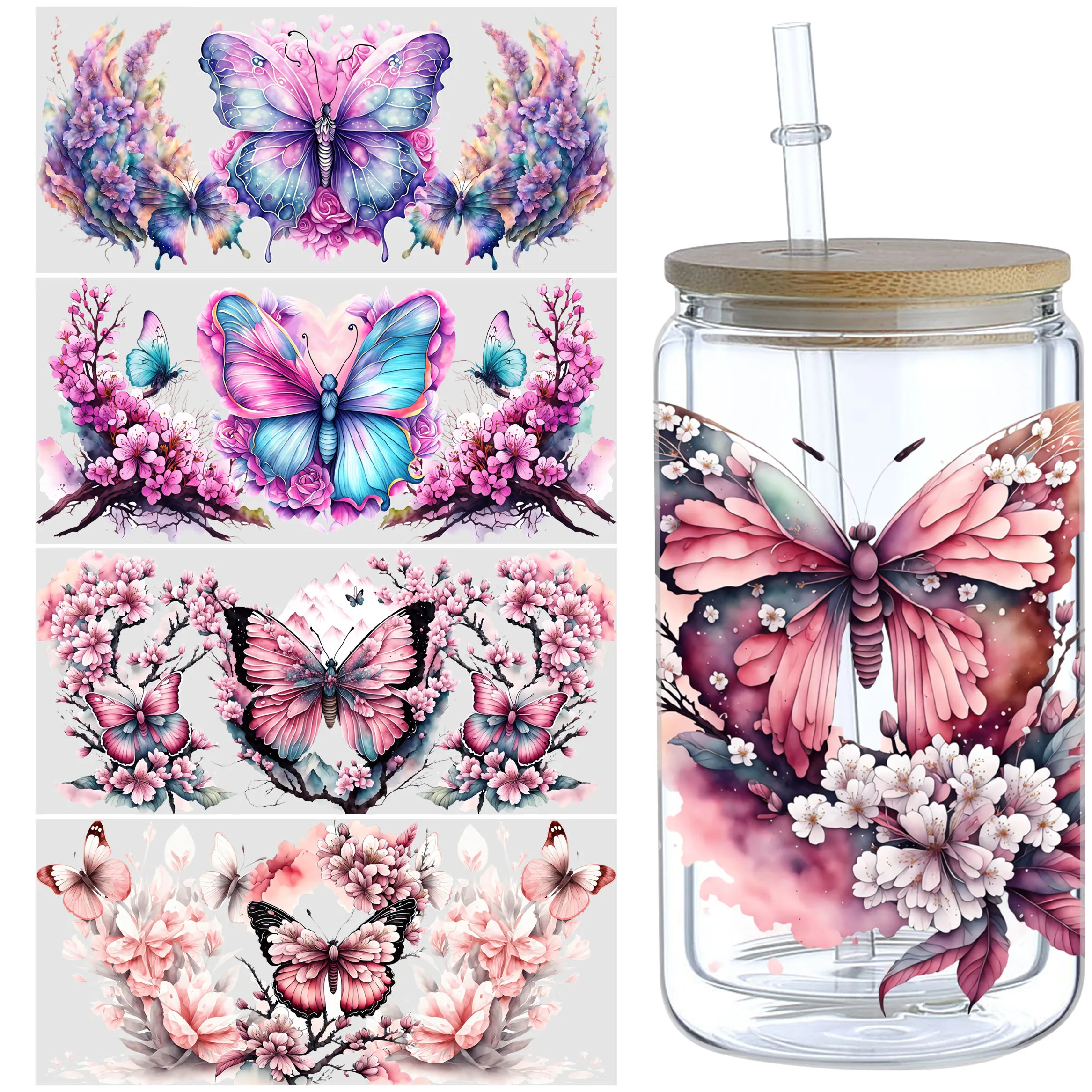 5 folhas de adesivos de copo uv dtf borboleta, adesivos de transferência dtf de movimento de vidro, transferências de limpeza de borboleta bonita à prova d'água