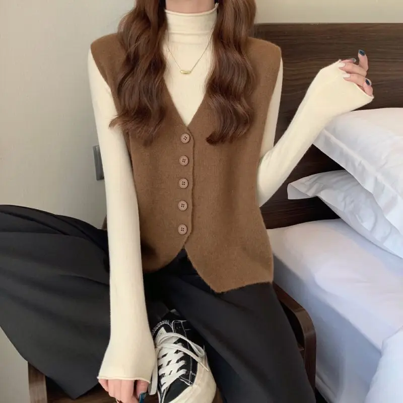 Cardigan Vest Autumn and Winter 2023 Little Fragrant Sweater Knitted Vest Women Sleeveless Overlapping Small Cuff Sweater Vest