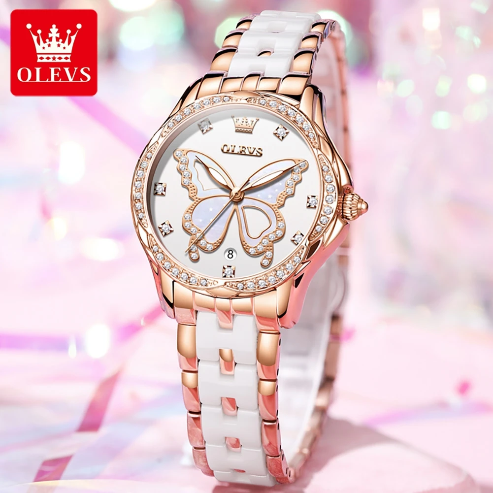 OLEVS 5610 Business Quartz Watch For Women Import Movement Ceramic Steel Strap Wristwatch Waterorof Diamond Dial Ladies Watches