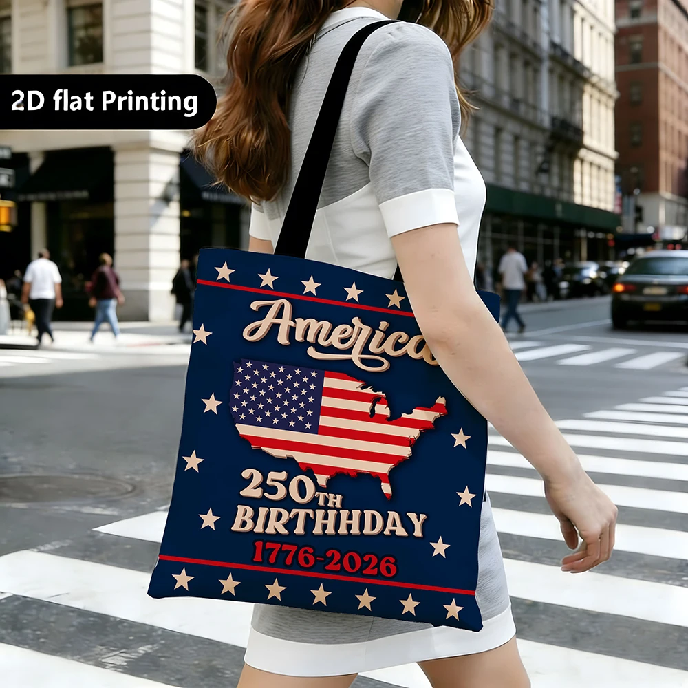 

One American 250th Anniversary Commemorative Tote Bag (1776-2026) featuring a patriotic design with a map of the United States,