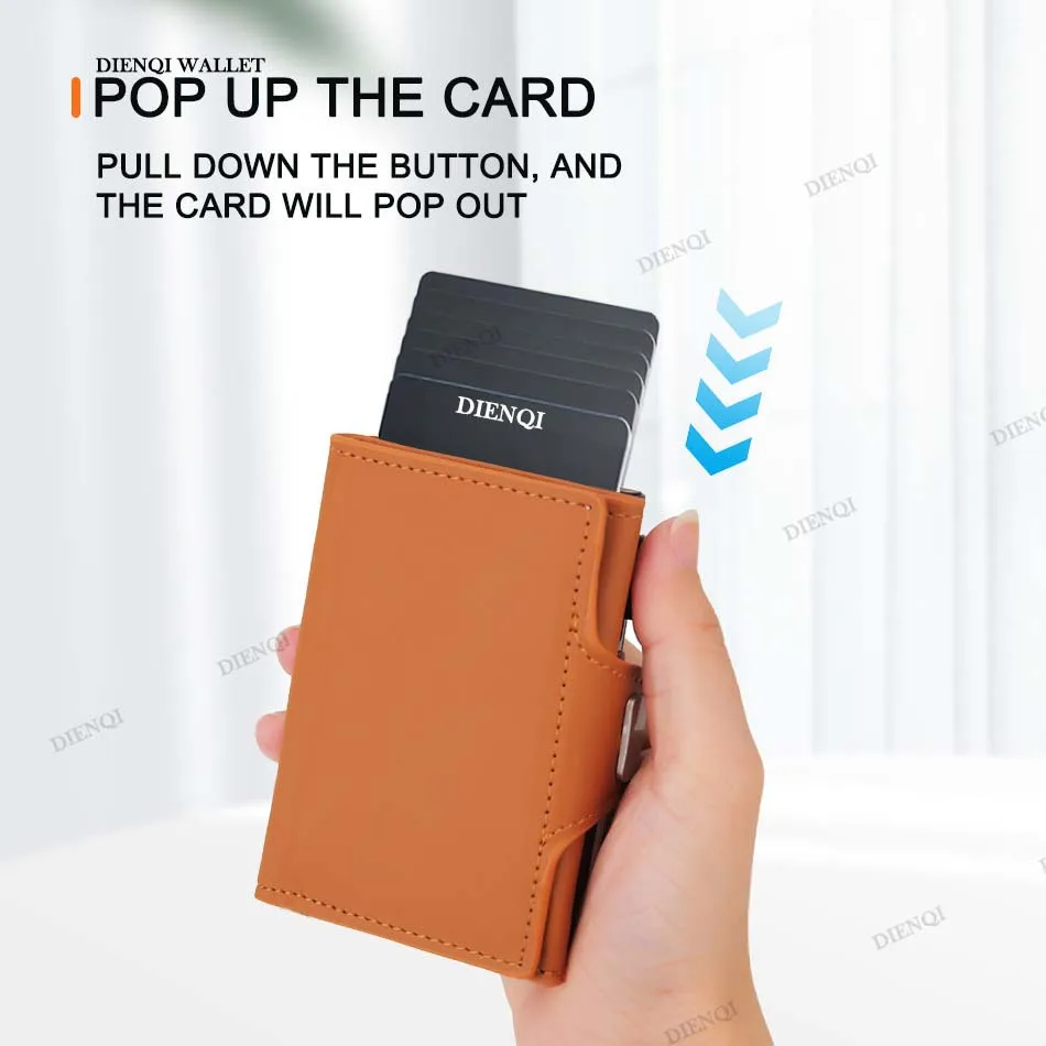 RFID Business Card Holder Credit Cardholder Automatic Pop Up Card Purse Slim Leather Men Minimalist Wallet Money Bag with Zipper