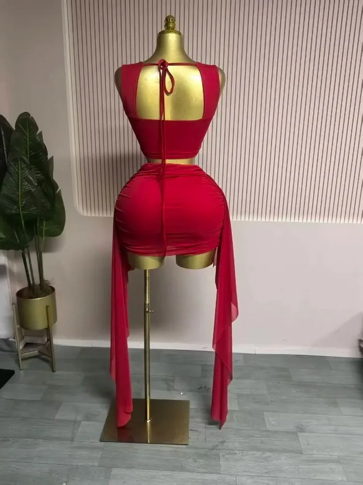 Robe sexy mode froncée femmes robe ensemble culture sangle hauts et ruban moulante mini jupes costume vacances deux 2 pièces ensemble tenue