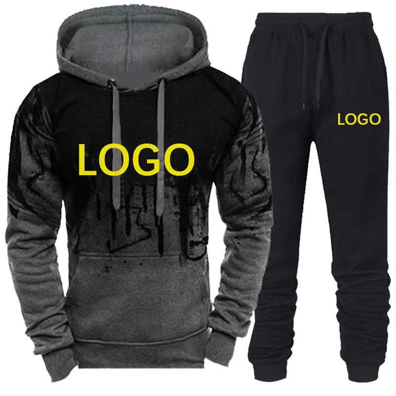 Custom LOGO Men\'s Tracksuit Brand Fashion Spring Autum Causal Sweatshirt+Pants 2pcs Sets Design Your Logo Male Sport Suit