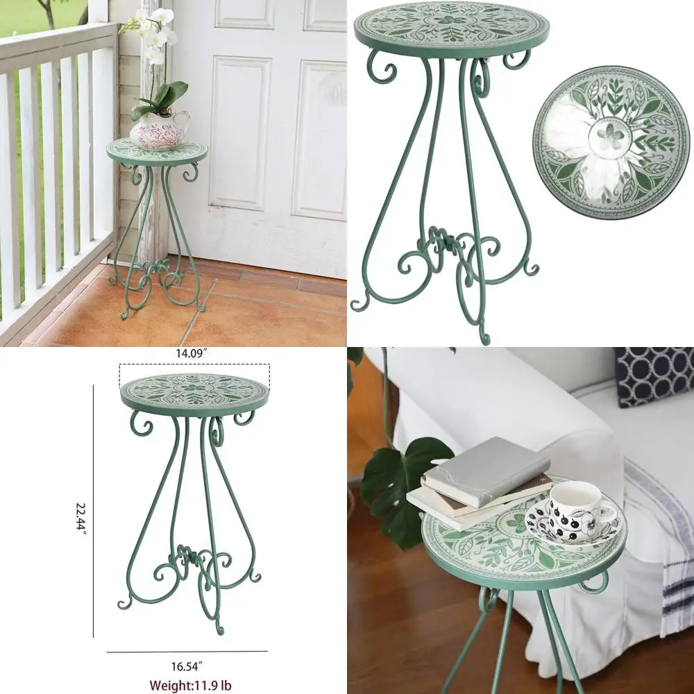 Round Vintage Outdoor Side Table with 14 Mosaic Tile Top, Metal Stand for Plants, Weather-Resistant Patio Furniture