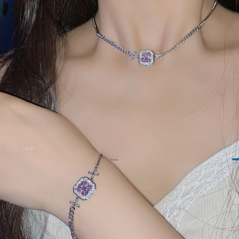 

MDLFES Moissan Diamond Стиль Розово-Розовый Драгоценный Камень Сердце Ожерелье Комплект Женщин Seiko Толстое Покрытие 18K