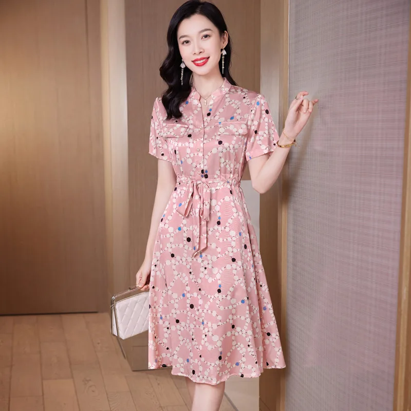 9539 Satin Heavy Silk Dress Female Summer New 2024 Fitted Waist Figure Flattering Shirt Silk Skirt Temperament