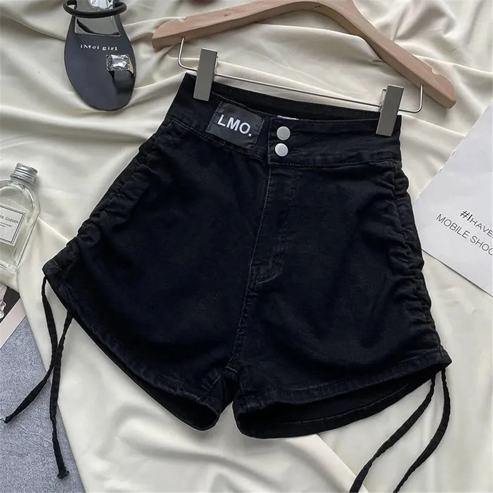 Xuân Hè Thời Trang Mới Dễ Thương Gợi Cảm Nữ Quần Short Jean Áo Khoác Ngoài Nữ Ol Cao Eo Nút Denim Ngắn Tua Rua Dây Rút