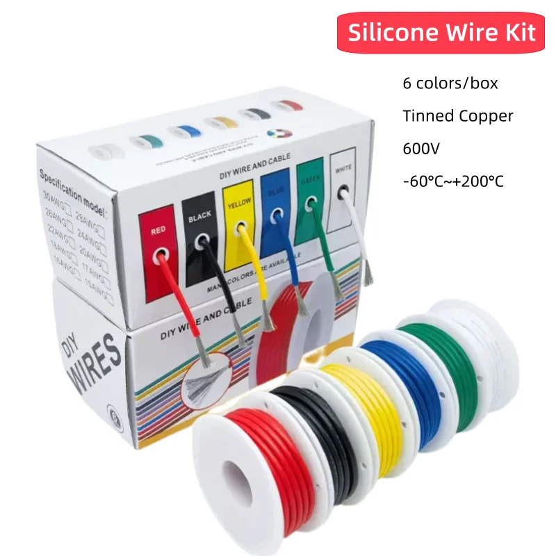 

6 Colors Mix - Heat Resistant Flexible Silicone Wire 30/28/26/24/22/20/18/17/16AWG Stranded Cable Electrical Tinned Copper Wire