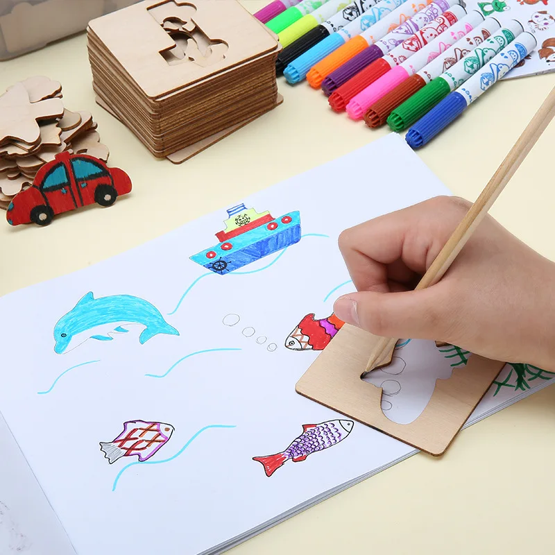 32pcs Montessori Kids Toys Wooden DIY Drawing Template Stencils Learning Educational Painting Graffiti Hollow Wooden Gift Toys