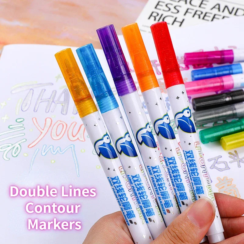 8/12/24 Color Double Line Outline Art Pen Marker Pen DIY Graffiti Outline Marker Pen Highlighter Scrapbook Diary Poster Card