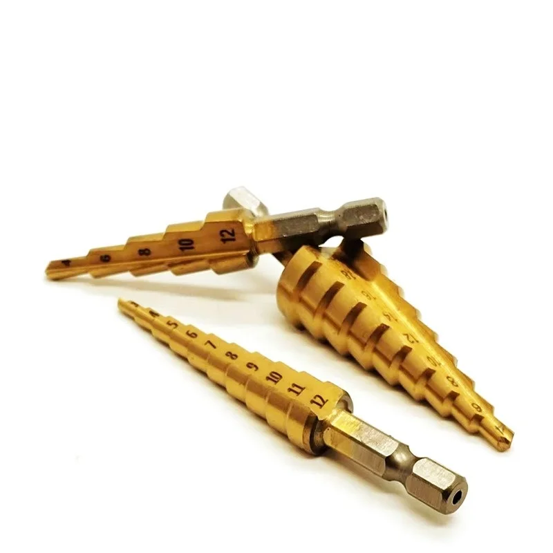 

3Pcs 3-12 4-12 4-20mm Bearing Steel Titanium Coated Step Drill Bit Metal Wood Hole Cutter Cone Drilling Wood Working Tool