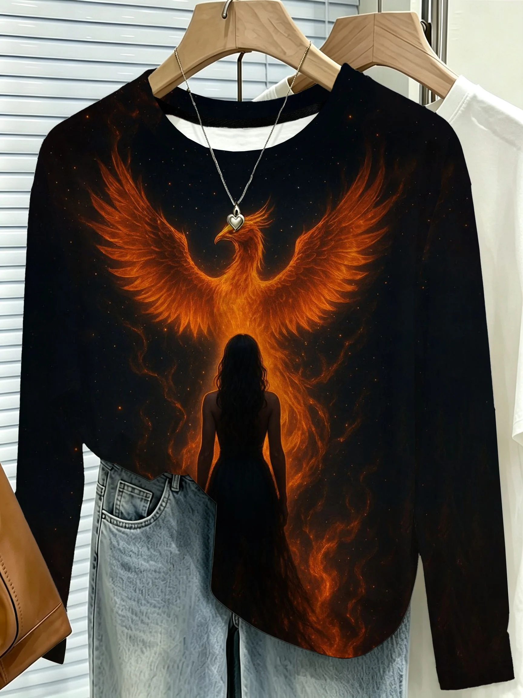 Women Long Sleeve Top Phoenix Fire Figure Print Round Neck Casual Daily Party Slim Tops Women's Clothes