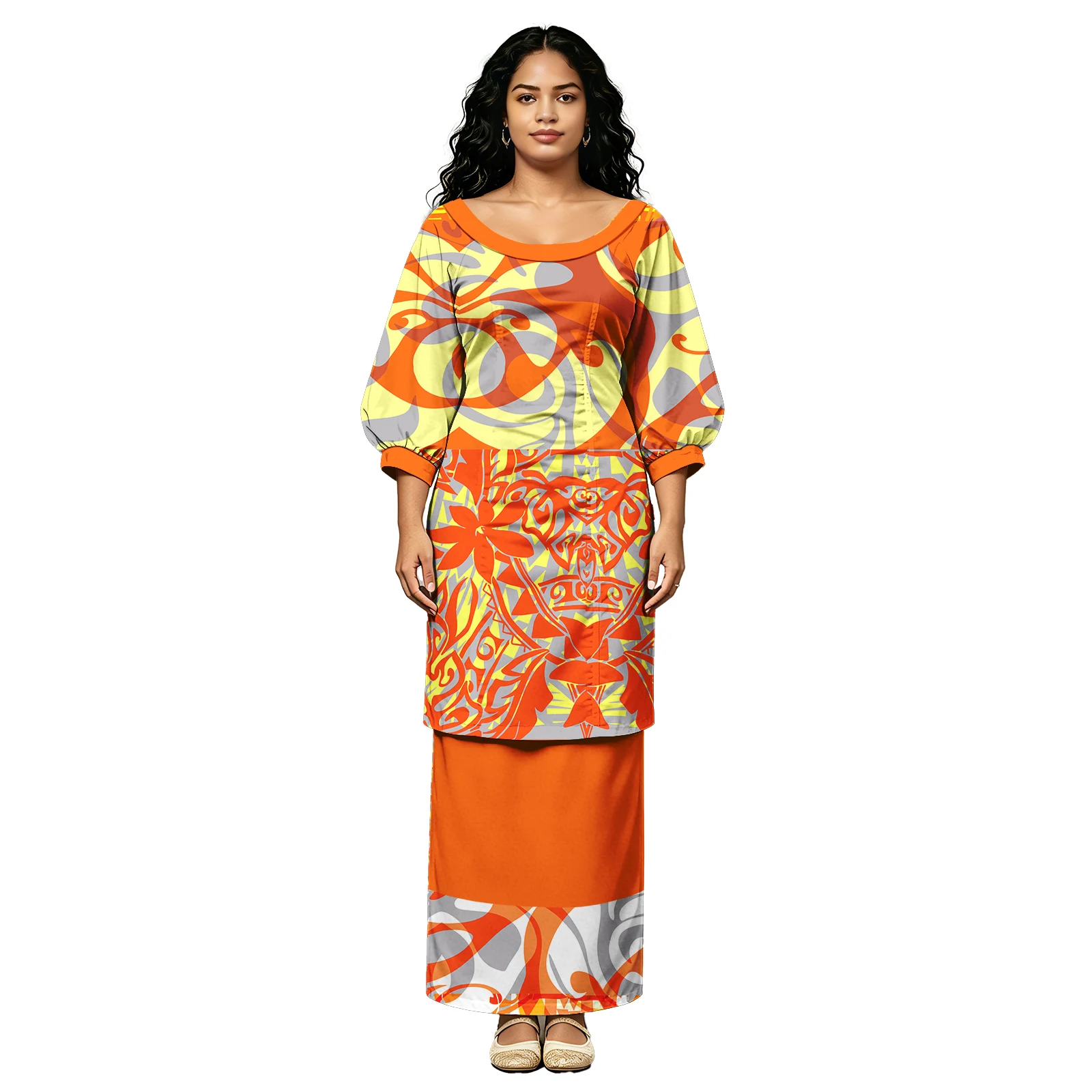 Holiday Party Design Polynesian Hawaiian Midi Sleeve Women Puletasi Dresses Plus Size Church Ladies Puletasi Samoan 2 Piece Set
