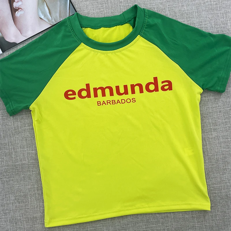 2024 Summer Sexy Short Sleeve T-Shirt Women Yellow Edmunda Letter Print Aesthetic T Shirt Y2k Vintage Fashion Casual Crop Tops