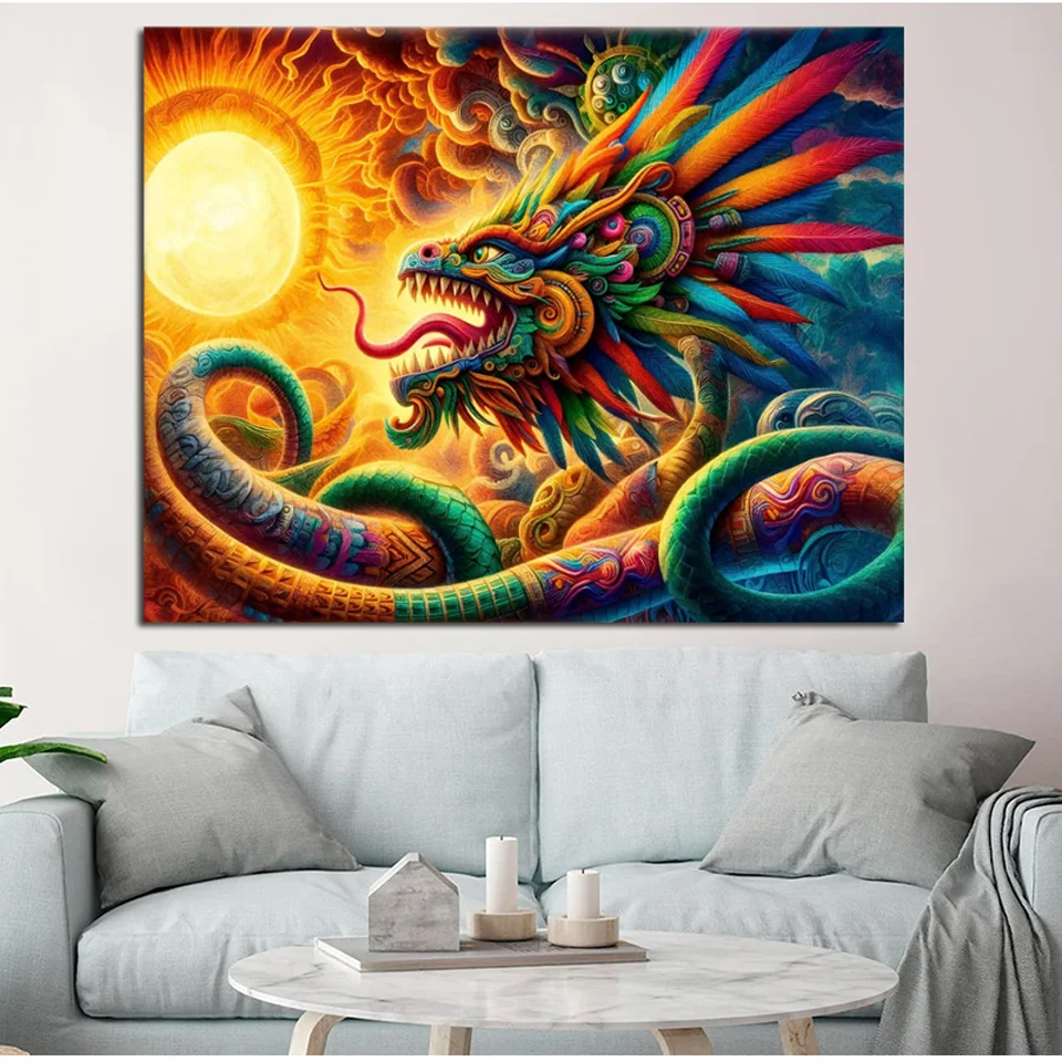 5D DIY Diamond Painting Solar Splendor of the Feathered Serpent Embroidery Mosaic Cross Stitch Kit Sacred art, ancient Gods.