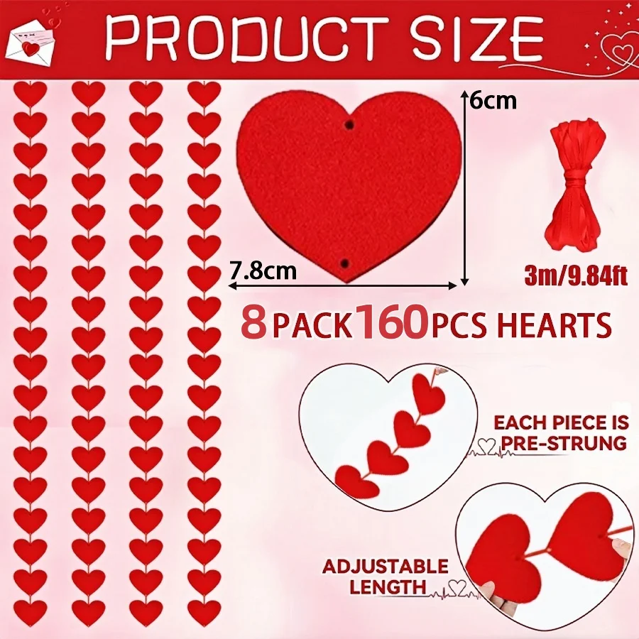 1-8Pack 3M Rode Harten Garland DIY Valentijnsdag Opknoping String Garland Dag Huwelijksverjaardag Voorstel Party decoraties