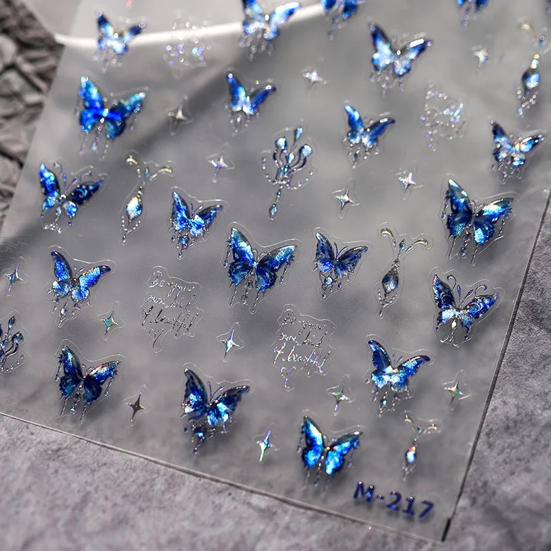 Acrylic Engraved Nail Sticker Holographic Blue Butterfly Desgin Self-Adhesive Nail Transfer Sliders Wraps Manicures Foils Z0769