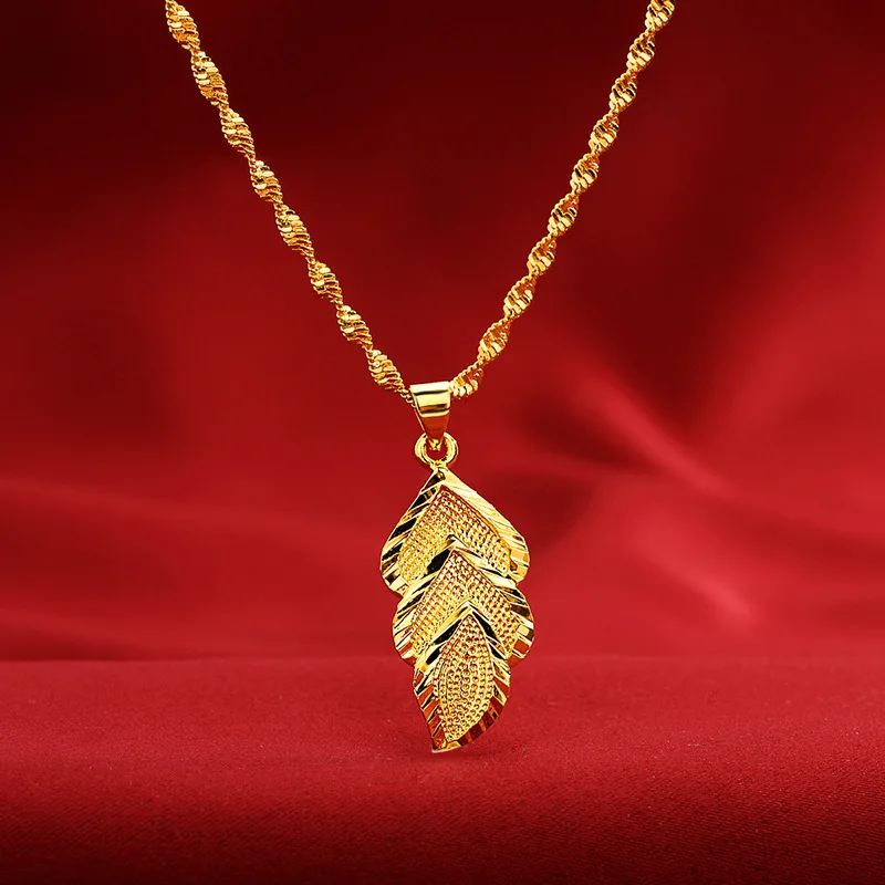 Boutique AU999 gold jewelry leaf pendant love whisper womens necklace 24k pure gold pendant fashion clavicle chain