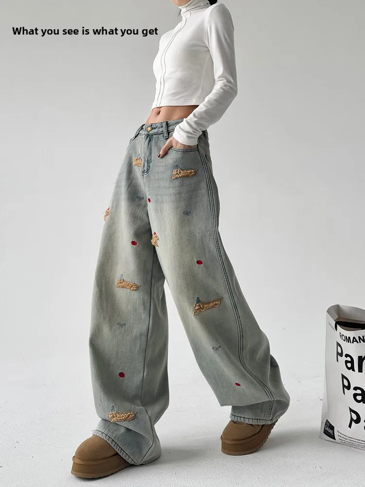 

Embroidered Fce Lined High Waist Straight Leg Wide Leg Jeans Women's Winter New Sle Slimming Cotton Stretch Denim Pants