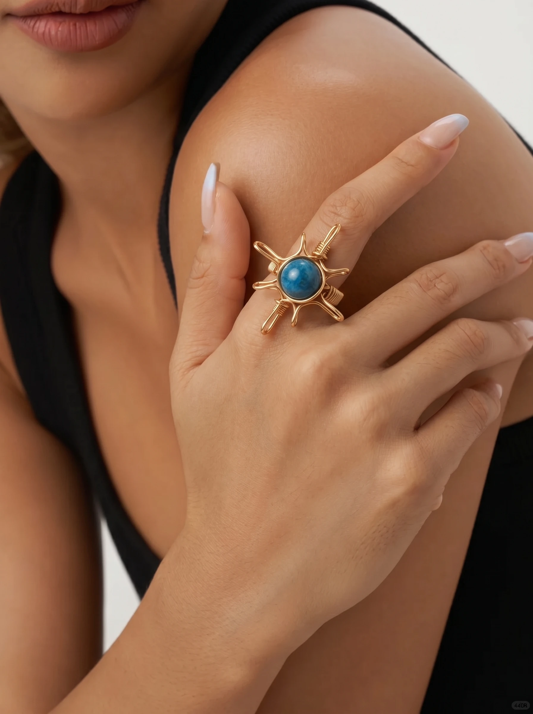 

SHINYGEM Handmade Wrapped 18K Gold Plated Opening Adjustable Baroque Women Blue Apatite Phosphorus Gem Handcrafted Ring