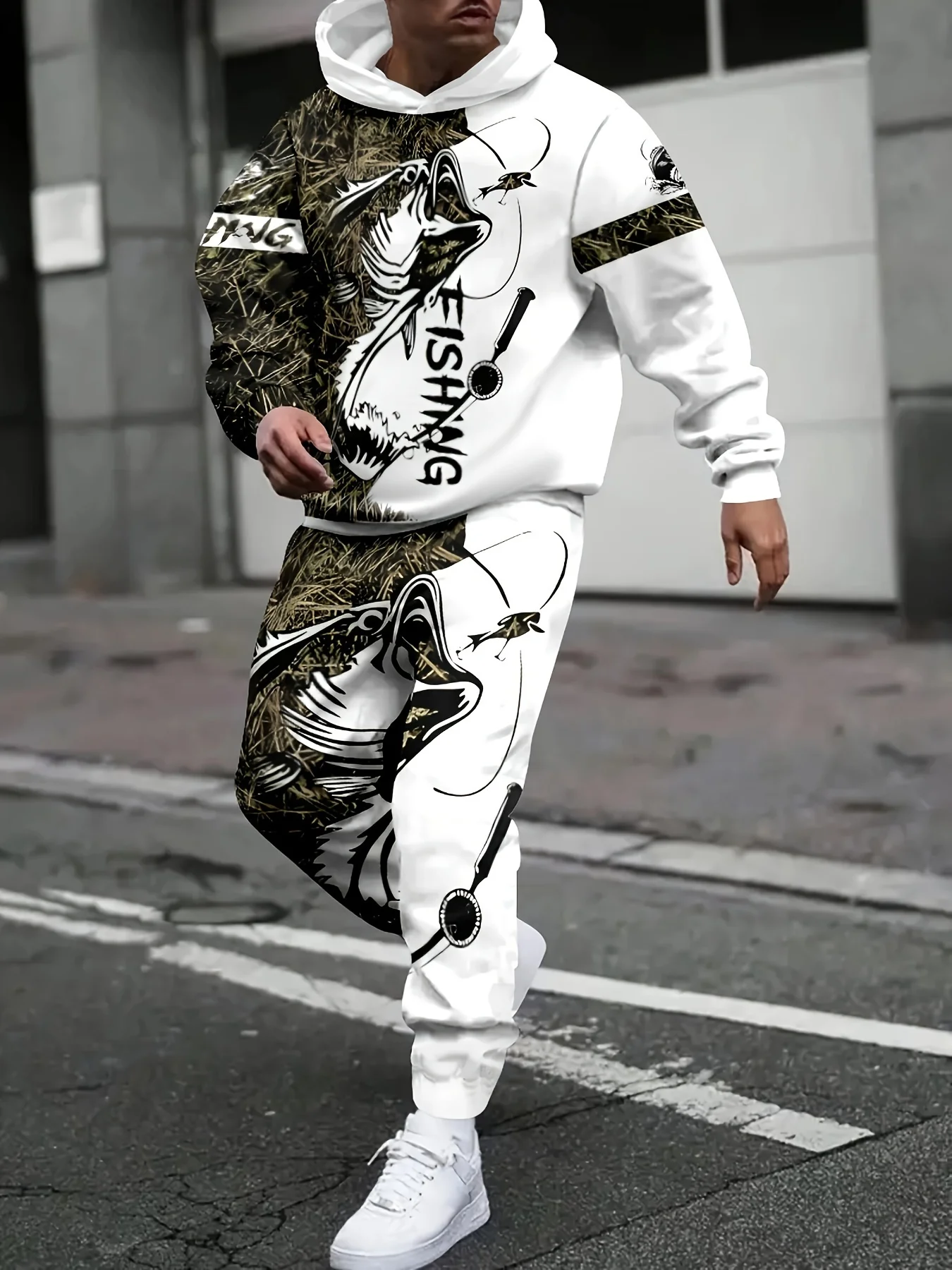 

Мужской повседневный комплект из толстовки с капюшоном и спортивных штанов с принтом для рыбалки, вязаный пуловер с длинными рукавами из полиэстера и галстуком, обычный вес.