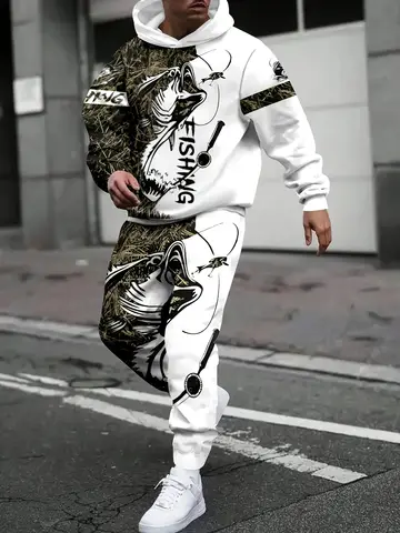 A men's casual fishing print hooded sweatshirt and sweatpants set, polyester knitted long sleeved pullover with tie, regular spr