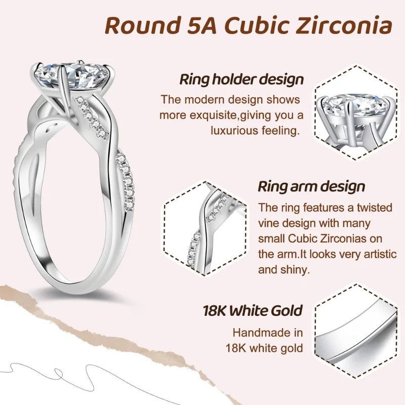 1CT Round CZ Engagement Ring with 18K White Gold Plated Women's Round Cut Twisted Vine Wedding Bands Sterling Silver Engagement Promise Rings Classic Fine Jewelry