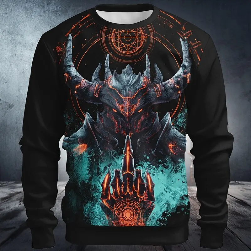 

3D Print Vintage Graphic Men's Crew Neck Hoodies Autumn Outdoor Horror Gothic Harajuku Pullover Loose No Hood Sweatshirt For Men