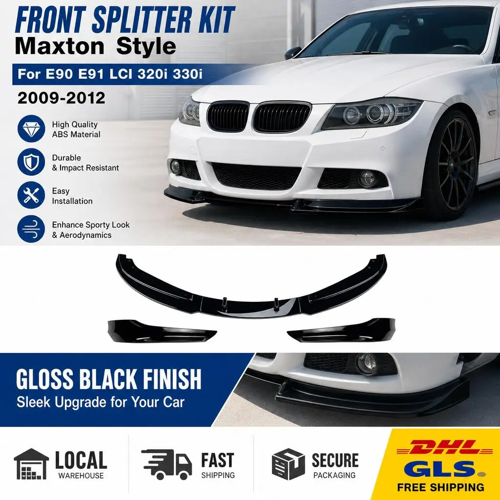Auto-Frontstoßstangen-Splitterlippe Seitenspoiler für BMW E90 E91 LCI 320i 330i 2009-2012 Maxton-Stil Glänzend Schwarzer Stoßstangendiffusor Spoiler Karosserie-Kit