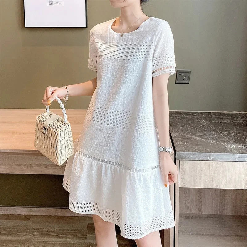 Women Dress Short Sleeve Lace Hollow Out White Casual Dress Summer A-Line Loose Short Dress Elegant Vestidos