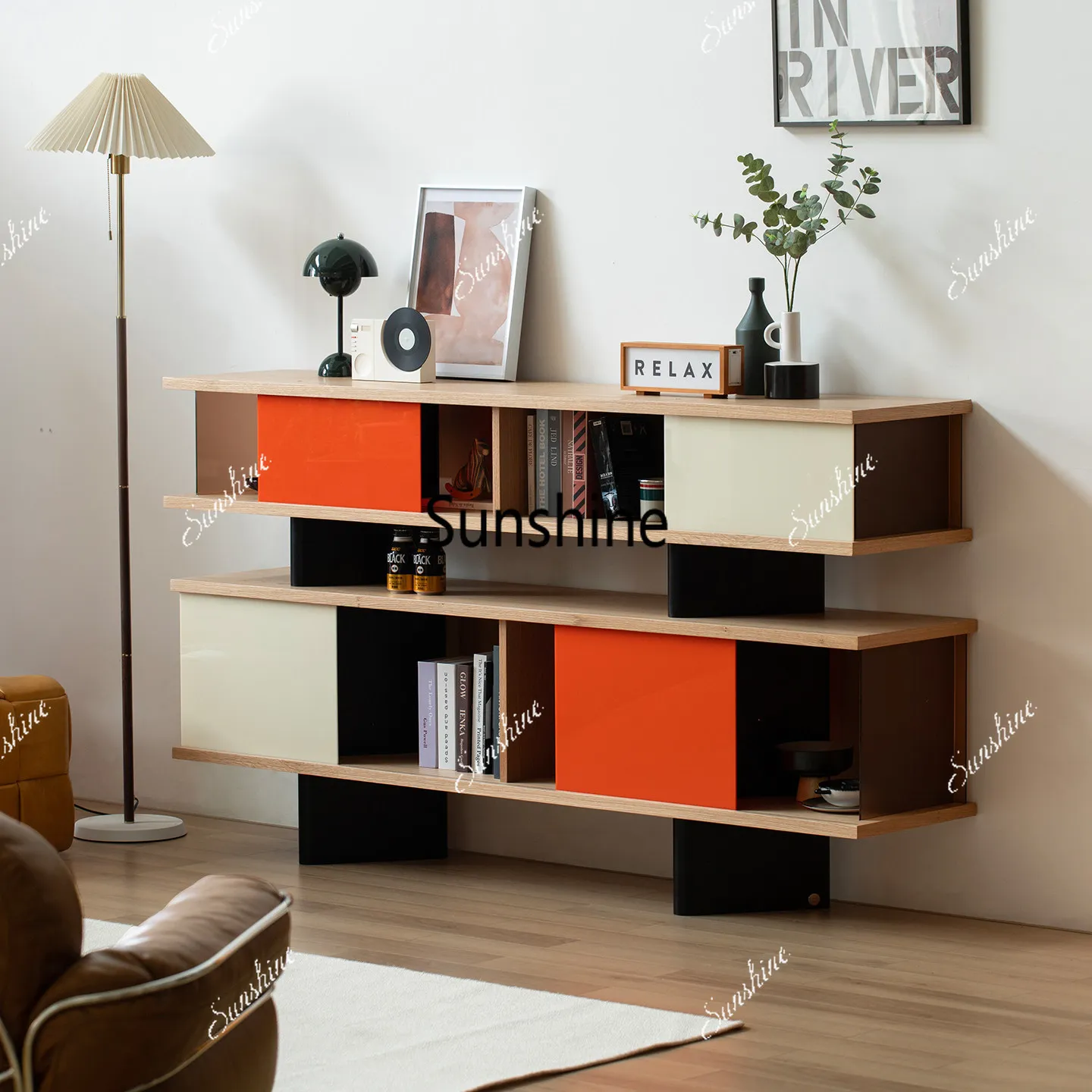 Living room multi-layer solid wood simple wall bookshelf