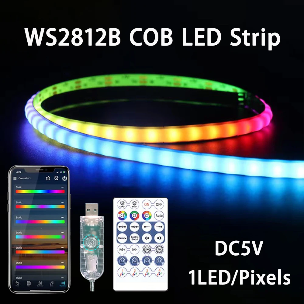 

WS2812B COB LED Strip Lights USB Bluetooth Music Controller DC5V Individually Addressable 160LED Dream Colour 5mm Pixel RGBIC