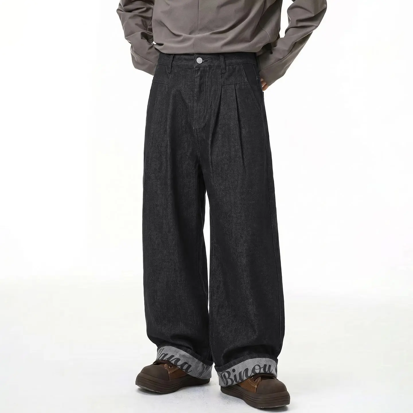 Trendy American Structure Pleated Raw Cow Jeans for Men in Autumn with Folded Ankles and Printed Straight Loose Casual Trousers