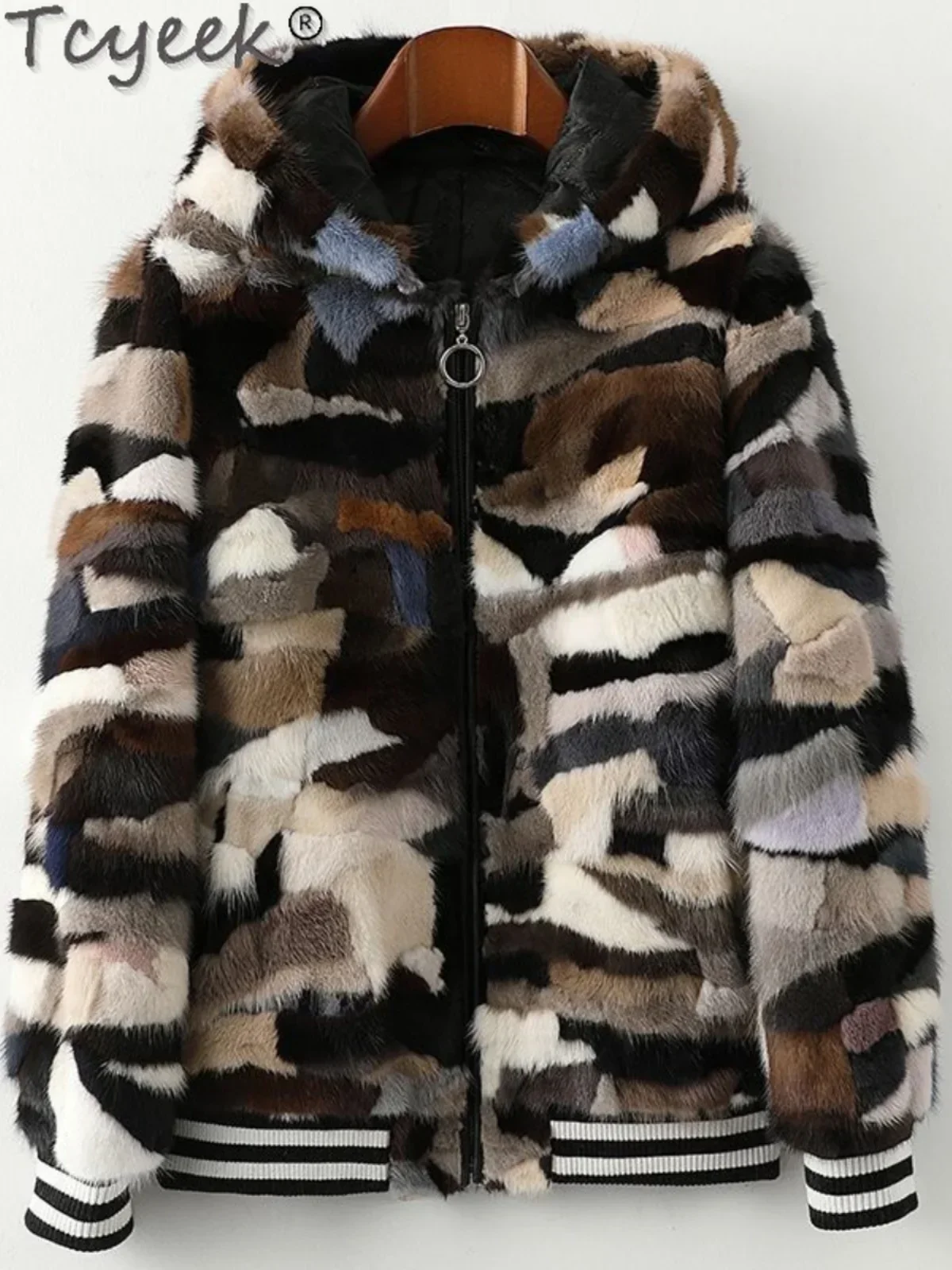 Tcyeek Mink Fur Coat Women Winter Clothes Hooded Real Fur Coats Warm Women's Fur Jackets 2024 Patchwork Mink Abrigos Mujer