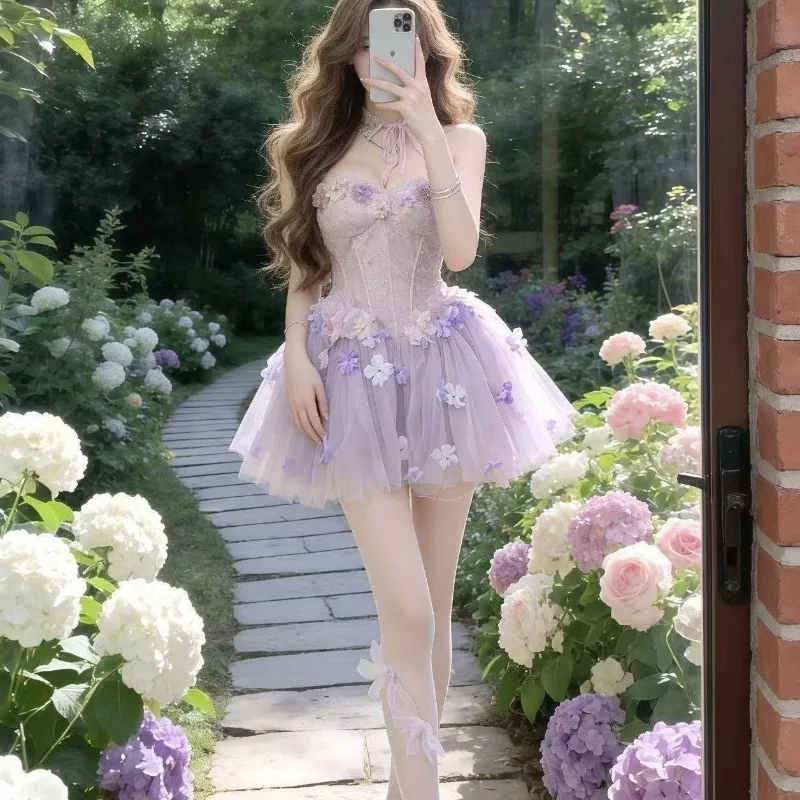 Vintage Lolita Süßes Feenkleid Damen Kawaii Schleife Spitze Rüschen Mesh Prinzessin Minikleider Party Elegant Lila Sexy Y2k Kleid