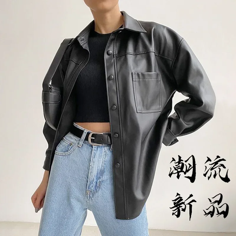 Celmia Women PU Leather Jackets 2023 Autumn Long Sleeve Lapel Outerwear Casual Street Overshirts Fashion Faux Leather Black Tops