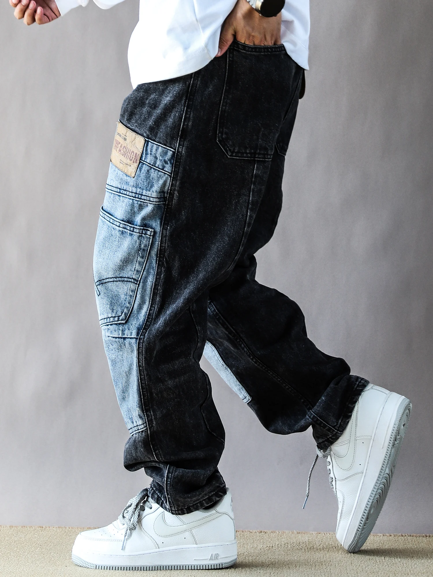 

Retro American Waed Design Patchwork Print Jeans Loose Straight Leg Wide Leg Long Trousers for Men And Women