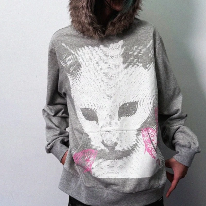 

Американская ретро тысячелетия пряная девушка y2k мультяшный кот принт плюшевый воротник толстовка с капюшоном с длинными рукавами осенне-зимняя куртка